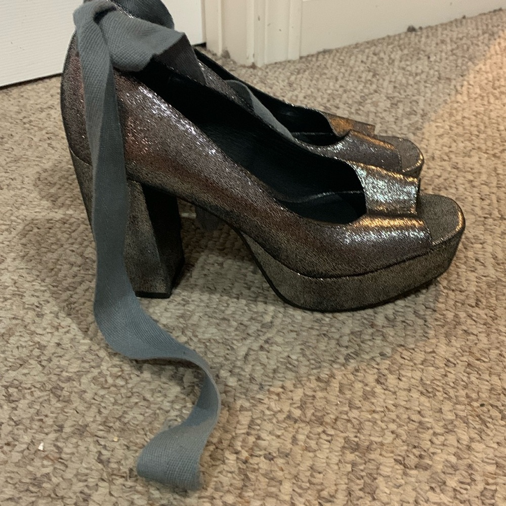 Shellys London Silver Platform Block Heel Metalli… - image 1